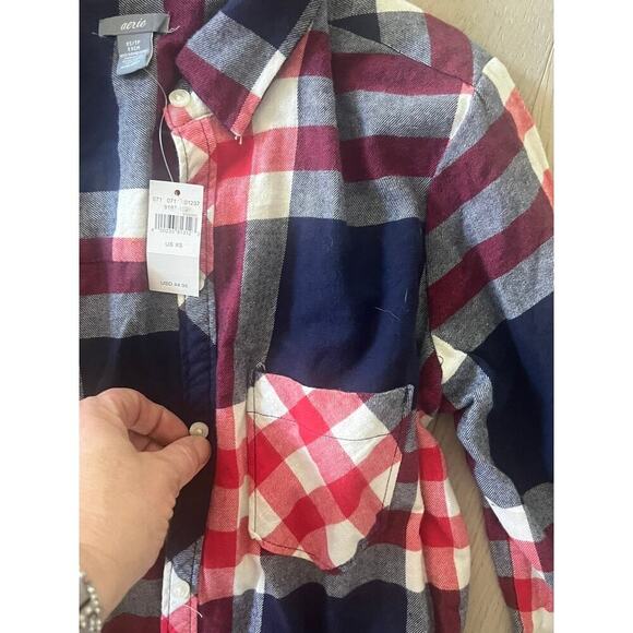 NWT Aerie plaid flannel long sleeve romper with shorts size XS red, wihte & blue - Picture 5 of 9